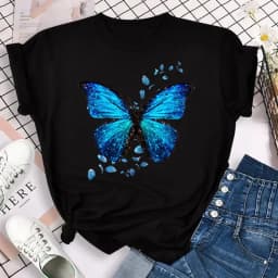 New Fashion Women T-shirt Colorful Butterfly Petal Print Short Sleeve and Round Neck Cute Graphic Tee Shirts Female Tops Clothin