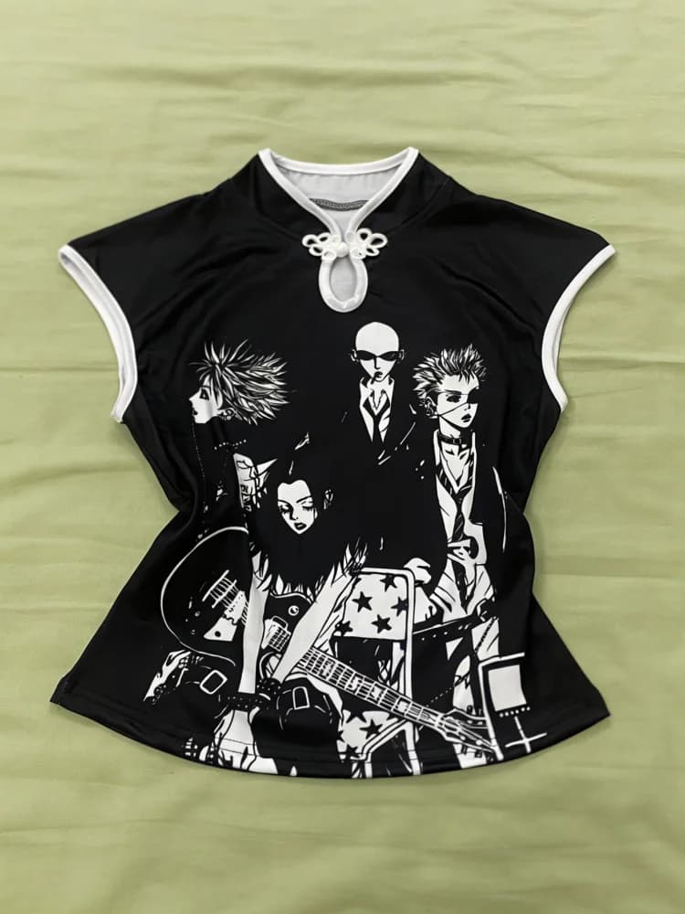 Anime Rock Print Cheongsam Top Women Frog Button Detail Y2K Aesthetic Streetwear 2026