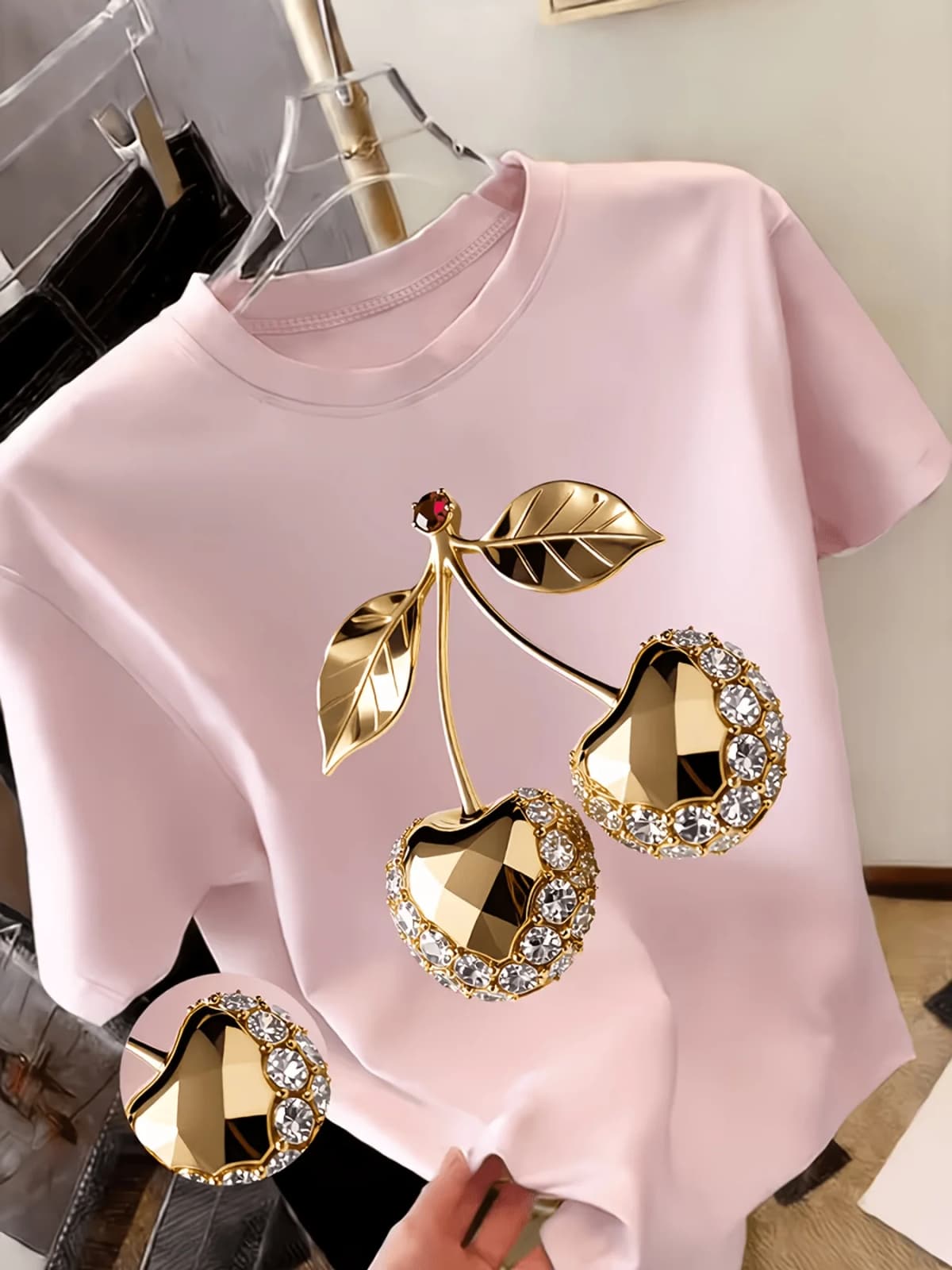 Golden Cherry Print T-Shirt with Diamond Embellishments Spring Summer Essential Lightweight Casual Suitable for Parties Clothing