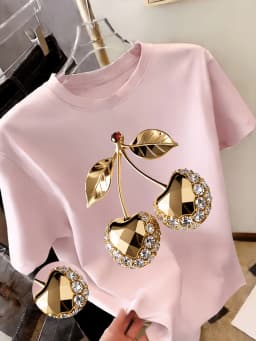 Golden Cherry Print T-Shirt with Diamond Embellishments Spring Summer Essential Lightweight Casual Suitable for Parties Clothing