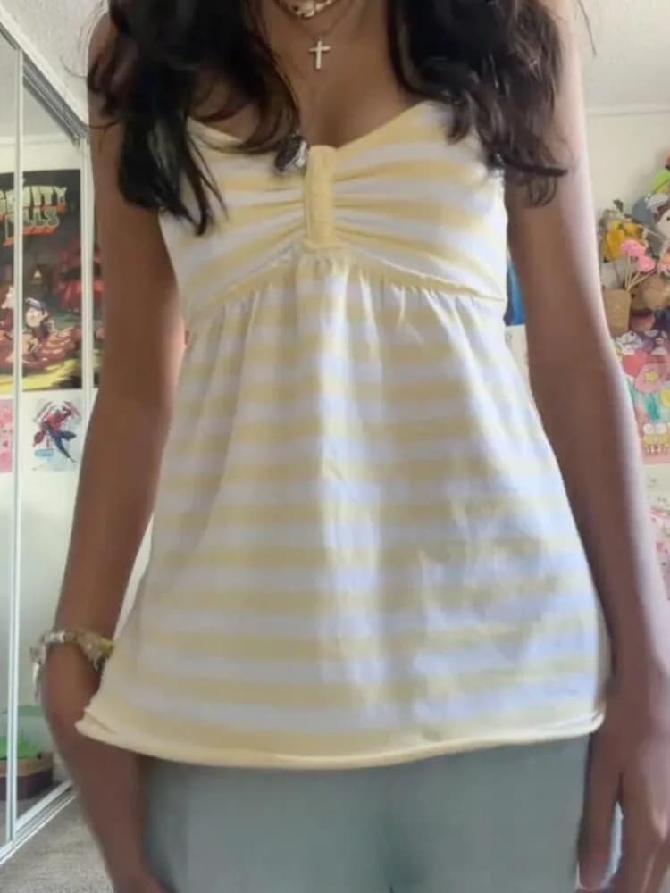 Japanese Sweet Vest Women Clothing Vintage Striped Sleeveless Tees Fashion Summer Camis Ruffles Slim Fit Vintage Tank Ropa Mujer