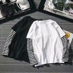 New Harajuku Black White Striped Y2K Long Sleeve Solid Color T-shirts Men Women Fall Fake Two Piece Long Sleeve Loose T-shirt