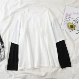 New Harajuku Black White Striped Y2K Long Sleeve Solid Color T-shirts Men Women Fall Fake Two Piece Long Sleeve Loose T-shirt