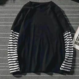 New Harajuku Black White Striped Y2K Long Sleeve Solid Color T-shirts Men Women Fall Fake Two Piece Long Sleeve Loose T-shirt