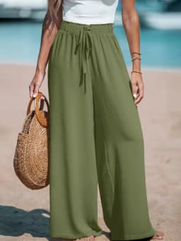 Vacation Style Wide Leg Pants Women's High Waist Elastic Drawstring Design Loose Dipping Straight Casual Beach Pants