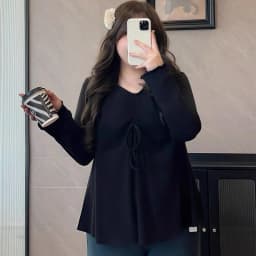 Plus Size Loose Elegance Blouses Spring Autumn V-Neck Long Sleeve Tops Solid Color Drawstring T-Shirt OL Casual Women's Clothing