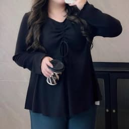 Plus Size Loose Elegance Blouses Spring Autumn V-Neck Long Sleeve Tops Solid Color Drawstring T-Shirt OL Casual Women's Clothing
