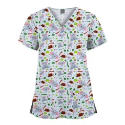 Wholesale Polyester Spandex Uniforms Beautiful Hospital Scrubs Tops Women Nurse Printed Scrub Top Healthcare Nursing Scrub Shirt