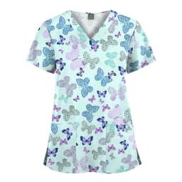 Wholesale Polyester Spandex Uniforms Beautiful Hospital Scrubs Tops Women Nurse Printed Scrub Top Healthcare Nursing Scrub Shirt
