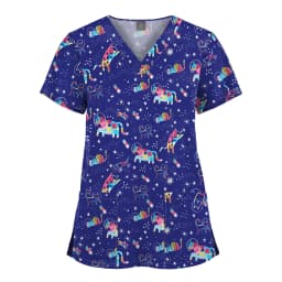 Wholesale Polyester Spandex Uniforms Beautiful Hospital Scrubs Tops Women Nurse Printed Scrub Top Healthcare Nursing Scrub Shirt