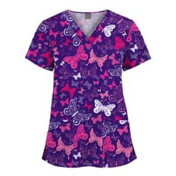 Wholesale Polyester Spandex Uniforms Beautiful Hospital Scrubs Tops Women Nurse Printed Scrub Top Healthcare Nursing Scrub Shirt