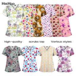 Wholesale Polyester Spandex Uniforms Beautiful Hospital Scrubs Tops Women Nurse Printed Scrub Top Healthcare Nursing Scrub Shirt