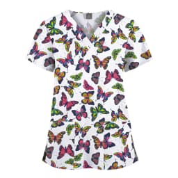 Wholesale Polyester Spandex Uniforms Beautiful Hospital Scrubs Tops Women Nurse Printed Scrub Top Healthcare Nursing Scrub Shirt