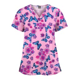 Wholesale Polyester Spandex Uniforms Beautiful Hospital Scrubs Tops Women Nurse Printed Scrub Top Healthcare Nursing Scrub Shirt