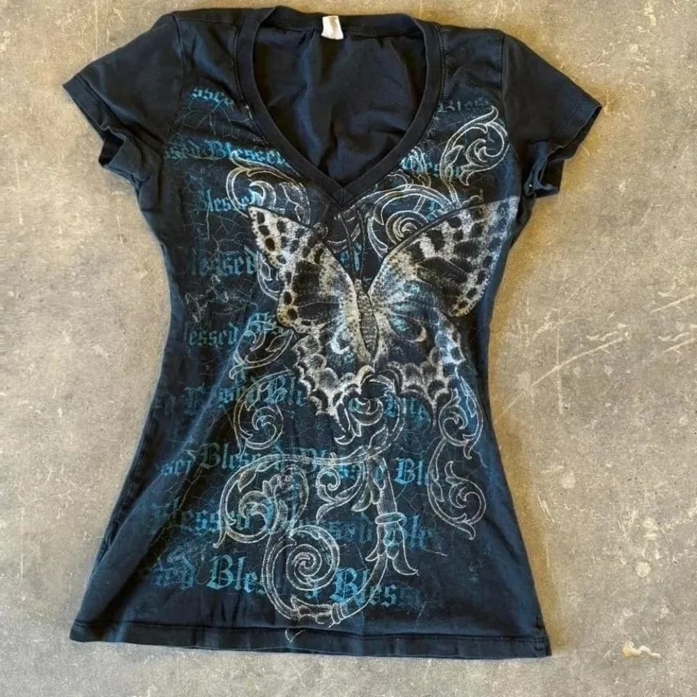 Vintage Butterfly Print V Neck T Shirt Women Retro Grunge Streetwear Short Sleeve Slim Fit Y2K Harajuku Aesthetic Fashion Tops