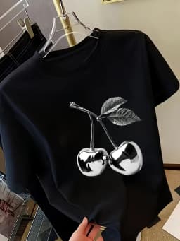 Golden Cherry Print Women Short Sleeve T-Shirt Stylish Casual Tee a Sense of Elegance Versatile Top for Women Minimalist Design