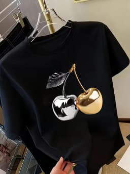 Golden Cherry Print Women Short Sleeve T-Shirt Stylish Casual Tee a Sense of Elegance Versatile Top for Women Minimalist Design