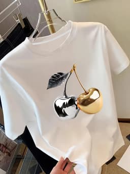 Golden Cherry Print Women Short Sleeve T-Shirt Stylish Casual Tee a Sense of Elegance Versatile Top for Women Minimalist Design