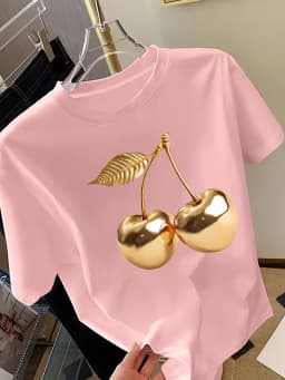 Golden Cherry Print Women Short Sleeve T-Shirt Stylish Casual Tee a Sense of Elegance Versatile Top for Women Minimalist Design