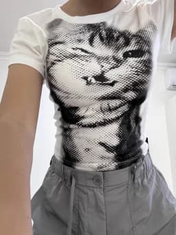 wild cat print low pixel round neck short sleeved T-shirt retro versatile slimming short top