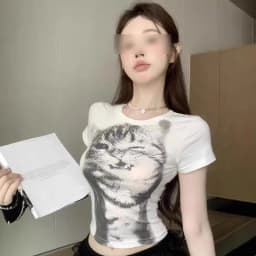wild cat print low pixel round neck short sleeved T-shirt retro versatile slimming short top