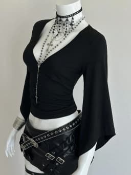 Women Deep V Neck Zip Front Flare Long Sleeve Side Ruched Slim Fit Cropped Top 2026 Gothic Streetwear Solid Black Going Out Fitt