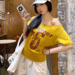 Fashion Y2k Off Shoulder Top Skew Collar Body Basic Short Sleeve Letter Print T Shirt Vintage Style