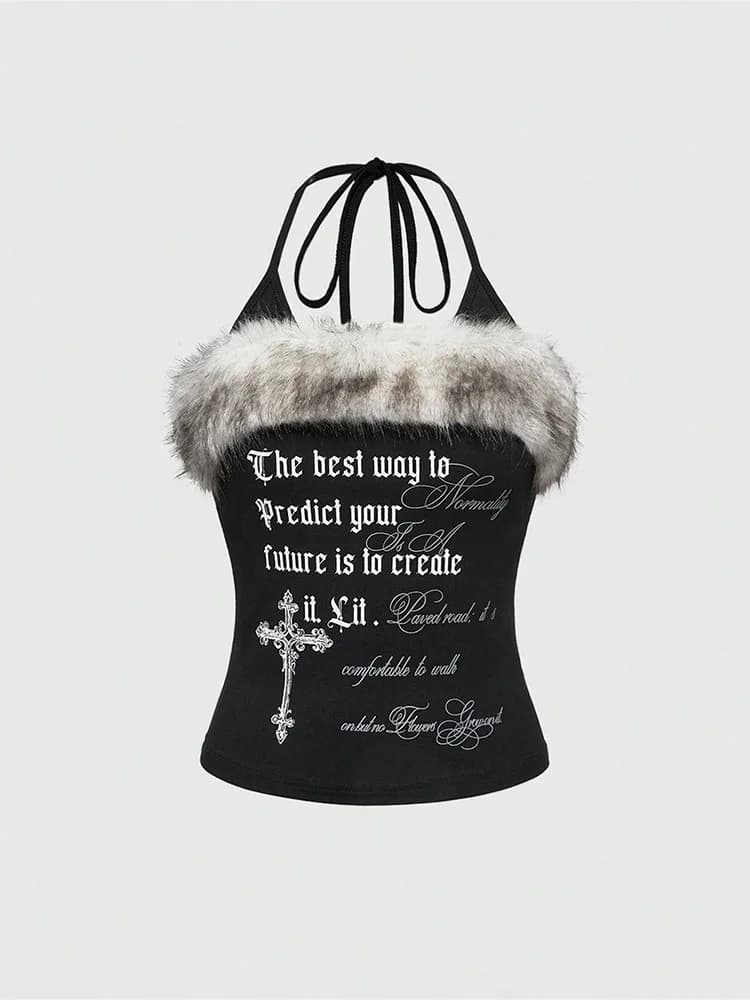 2026 Summer Women Y2K Grunge Goth Streetwear Sexy Faux Fur Trim Cross Letter Print Slim Fit Cropped Halter Neck Cami Tank Top