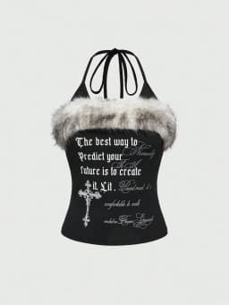 2026 Summer Women Y2K Grunge Goth Streetwear Sexy Faux Fur Trim Cross Letter Print Slim Fit Cropped Halter Neck Cami Tank Top