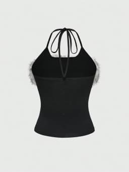 2026 Summer Women Y2K Grunge Goth Streetwear Sexy Faux Fur Trim Cross Letter Print Slim Fit Cropped Halter Neck Cami Tank Top