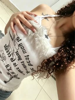 2026 Summer Women Y2K Grunge Goth Streetwear Sexy Faux Fur Trim Cross Letter Print Slim Fit Cropped Halter Neck Cami Tank Top