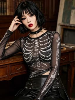 Dark Gothic Punk Shirt 2000s Women's Skull Pattern Round Neck Long Sleeve Black y2k Street Dress