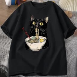 Noodle Ramen Cat T-Shirt Foodie Lover T Shirts Black Cat Noodle T-Shirts Retro Casual Short Sleeve Tshirt for Men Women Clothes