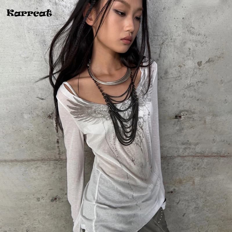 Karrcat Trashy Y2k Tattoo Print T-shirt Grunge Aesthetics Long Sleeve Knitted Tops Vintage Punk Sheer Streetwear American Retro