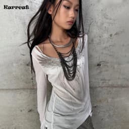 Karrcat Trashy Y2k Tattoo Print T-shirt Grunge Aesthetics Long Sleeve Knitted Tops Vintage Punk Sheer Streetwear American Retro