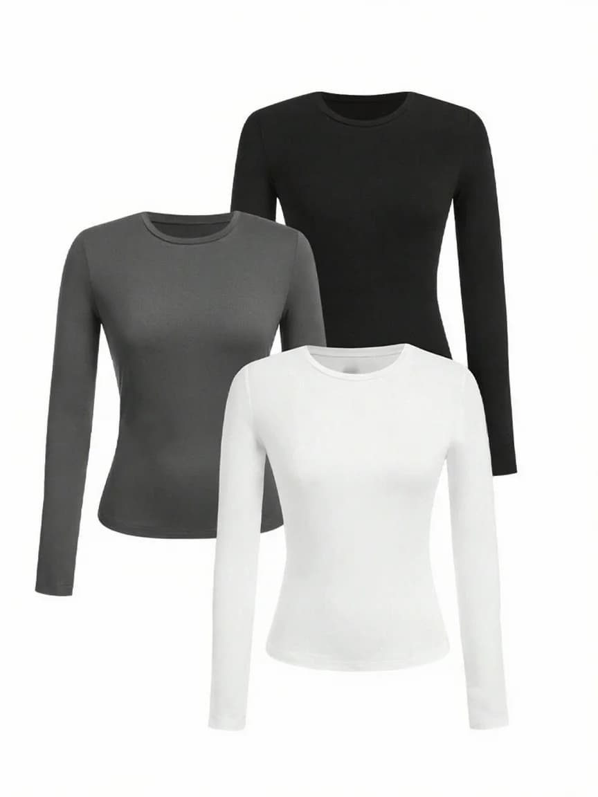 Women's solid-color long-sleeved T-shirt - Polyester knitted fabric, round neck, regular fit, fall-winter style
