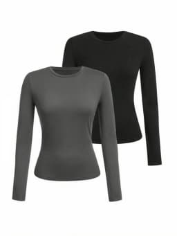 Women's solid-color long-sleeved T-shirt - Polyester knitted fabric, round neck, regular fit, fall-winter style