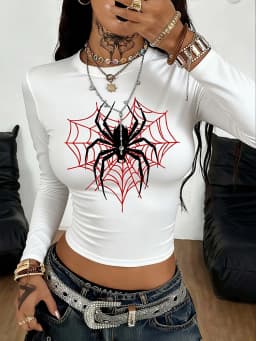 American Spider Red Spider Web Print Long-Sleeved T-Shirt for Women - Round Neck Tight Short Sleeve Low-Waist Stretch T-Shirt