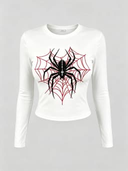American Spider Red Spider Web Print Long-Sleeved T-Shirt for Women - Round Neck Tight Short Sleeve Low-Waist Stretch T-Shirt