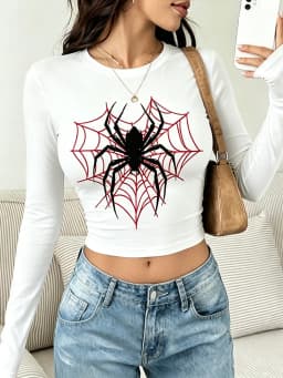 American Spider Red Spider Web Print Long-Sleeved T-Shirt for Women - Round Neck Tight Short Sleeve Low-Waist Stretch T-Shirt