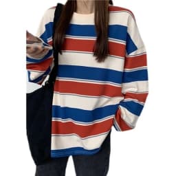 Striped T Shirt for Women 2026 Fall Winter Thin Loose Fit Long Sleeve Rainbow Stripe Casual Blouse Tee Top Plus Size Streetwear