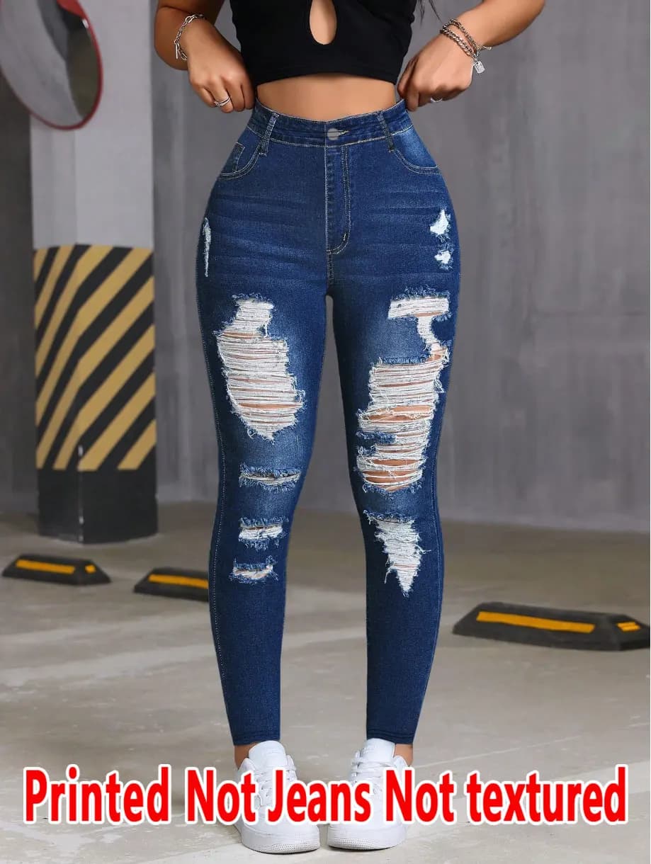 8385 Ladies Printed Denim Look Slim Fit Pants Non-Leather Material Wearable All Seasons Casual Wear