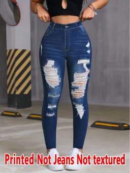 8385 Ladies Printed Denim Look Slim Fit Pants Non-Leather Material Wearable All Seasons Casual Wear