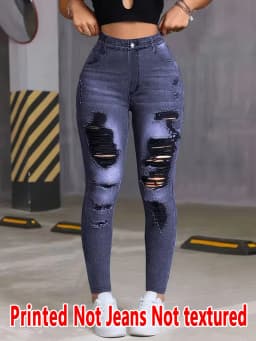 8385 Ladies Printed Denim Look Slim Fit Pants Non-Leather Material Wearable All Seasons Casual Wear
