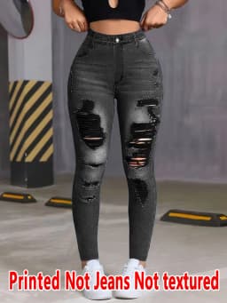 8385 Ladies Printed Denim Look Slim Fit Pants Non-Leather Material Wearable All Seasons Casual Wear