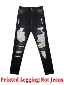 Women Black Washed Faux Denim Ripped Printed Skinny Long Pants Sports Casual High Waist Stretch Non‑Denim Slim Fit Leggings