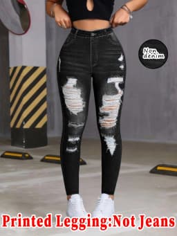 Women Black Washed Faux Denim Ripped Printed Skinny Long Pants Sports Casual High Waist Stretch Non‑Denim Slim Fit Leggings