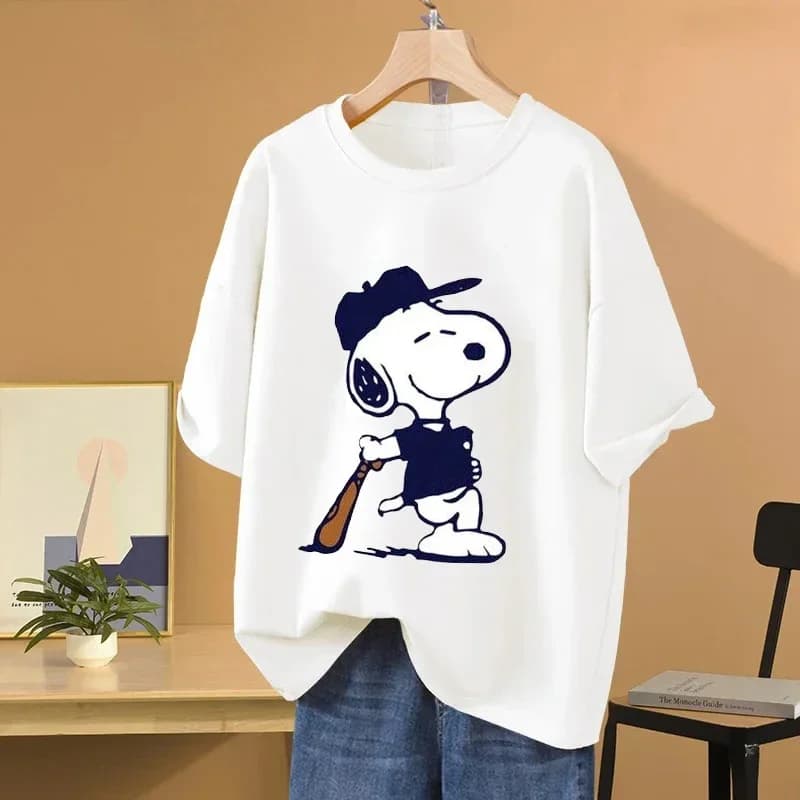 Snoopy Baseball Cartoon Anime Women T-shirt Summer Short Sleeve 100% Cotton Men Tee Shirts Tops 2025 New Fashion Couple Clothes