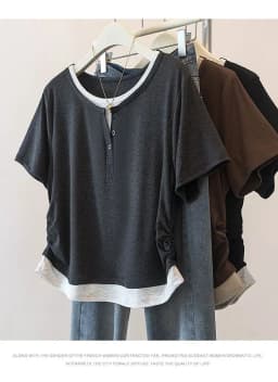Large size women's clothing spring and summer best-selling splicing versatile contrasting color round neck short-sleeved t-shirt