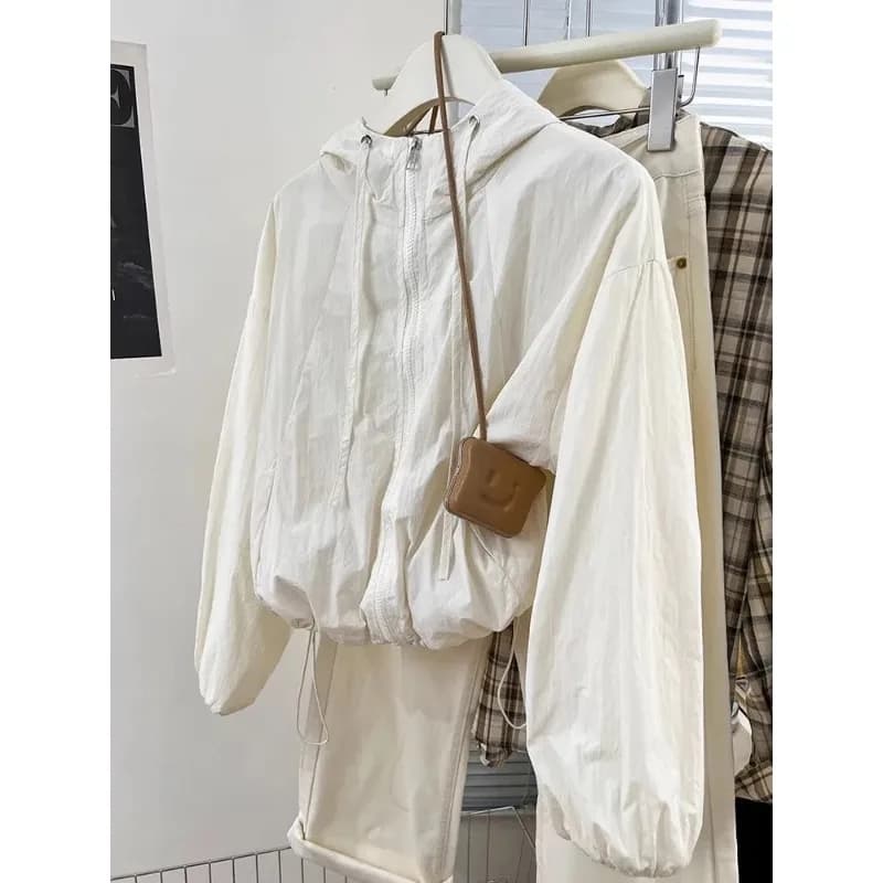 SMVP White Hooded Women's Jack Summer Design Sensation American Retro High-End Feeling Windbreaker Outerwear Breathable Long Sve